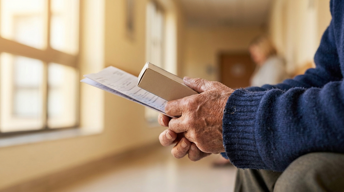 Manos de una persona mayor sosteniendo una receta médica y una caja de medicación en el pasillo de una clínica con luz cálida.