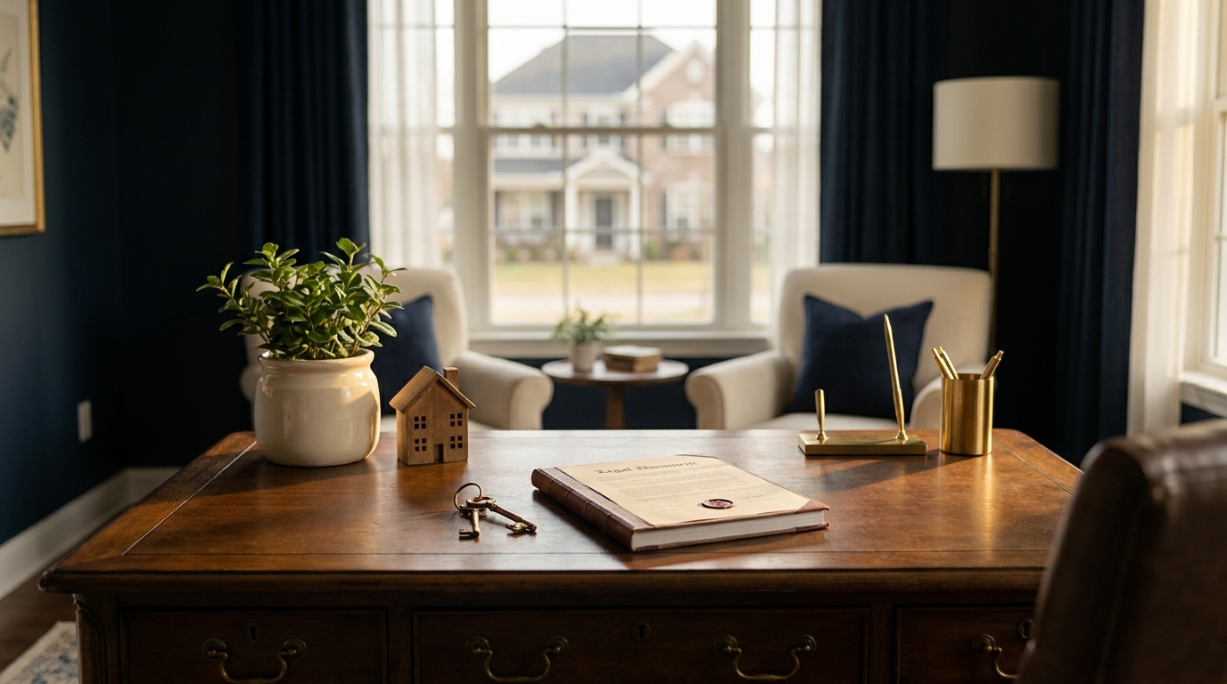 Escritorio de madera con un contrato, una casa de madera en miniatura, llaves antiguas y una planta, con una casa familiar al fondo.