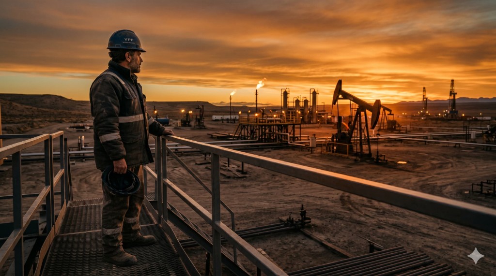 Trabajador petrolero frente a un yacimiento al atardecer, con equipos de extracción al fondo.