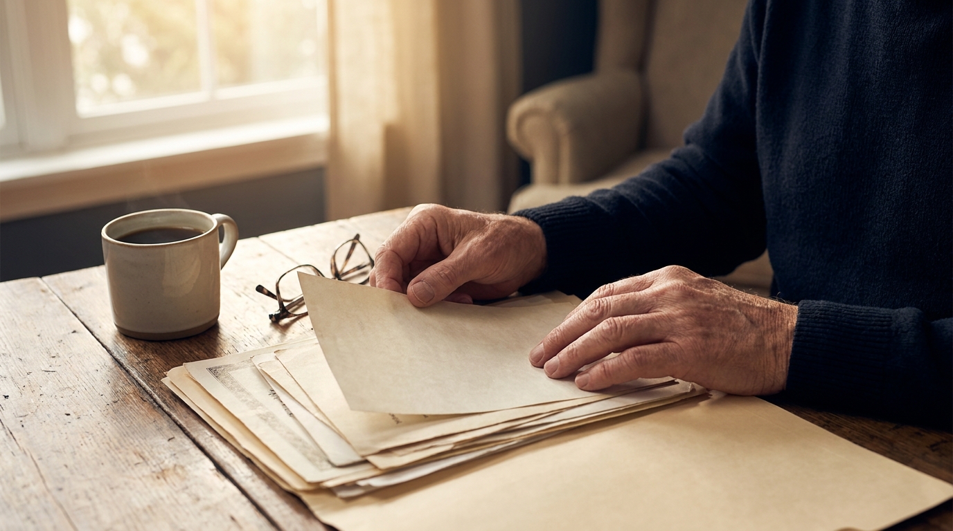 Manos de una persona adulta ordenando partidas, certificados y carpetas de documentación familiar sobre una mesa junto a una ventana con luz cálida.